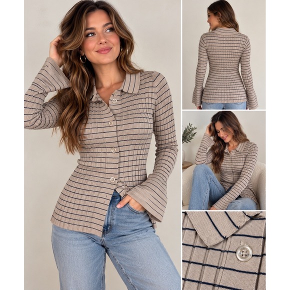 a new day Sweaters - Bell Sleeve Collared Cardigan A New Day Womens S Beige Blue Stripe NWT Preppy